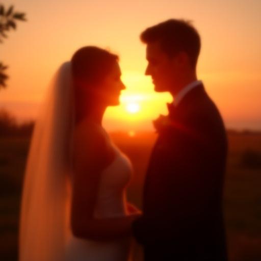 Una pareja durante el emotivo 'sí, quiero' en una ceremonia al aire libre al atardecer.
