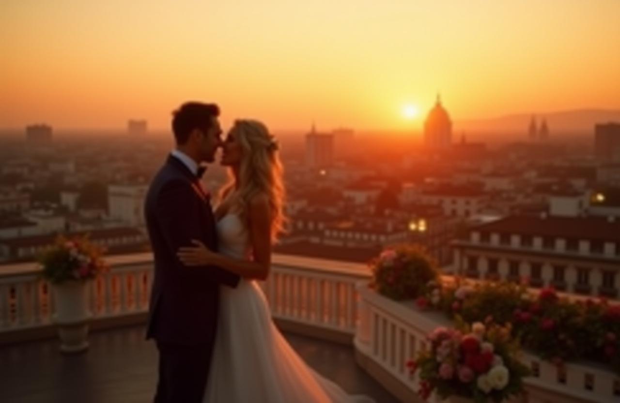Una pareja de novios elegantemente vestidos celebrando su boda en una terraza con vistas a Madrid.