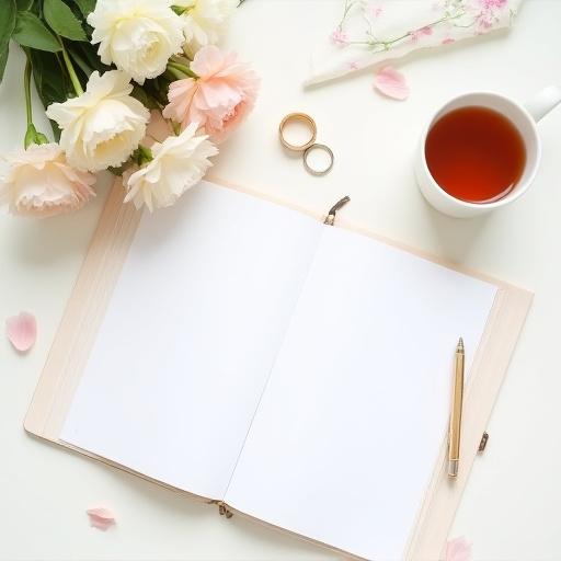 Una agenda de bodas abierta junto a un ramo de flores y anillos de compromiso.